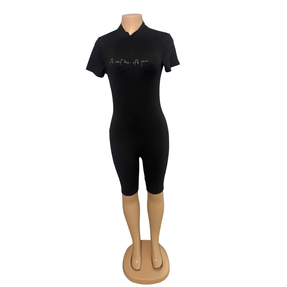 Fashion Nova Black Mock-Neck Short Sleeve Jumpsuit Romper